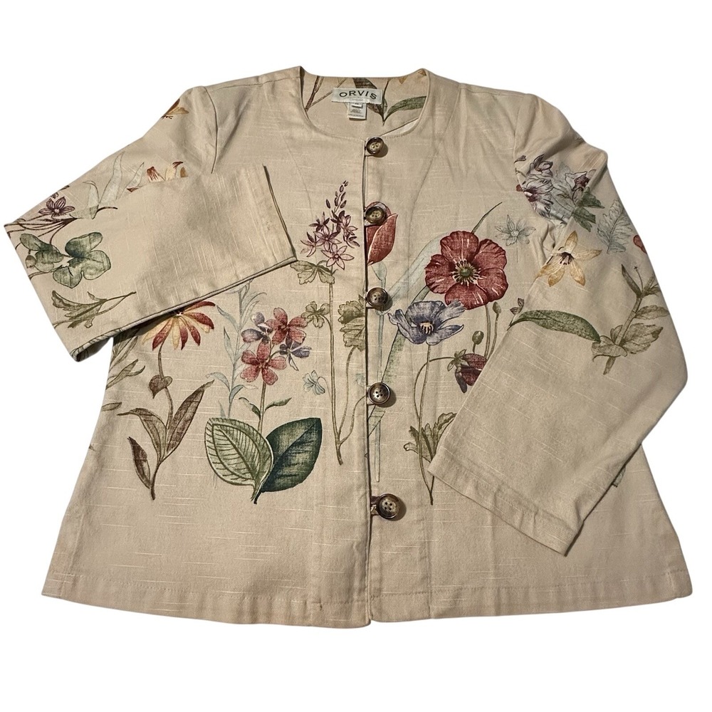 Orvis Womens Jacket Size Medium Ivory Beige Floral Botanical Cotton Casual‎